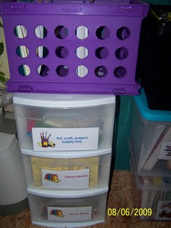 completed+work,+craft,+library+books Large Family Workbox System for Homeschool