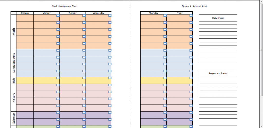 New Homeschool Form~Student Assignment Sheet