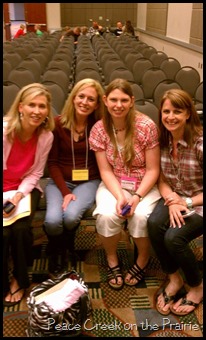 Rachael Carman, Angela, Betty, and Heidi St. John hanging out at Teach Them Diligently 